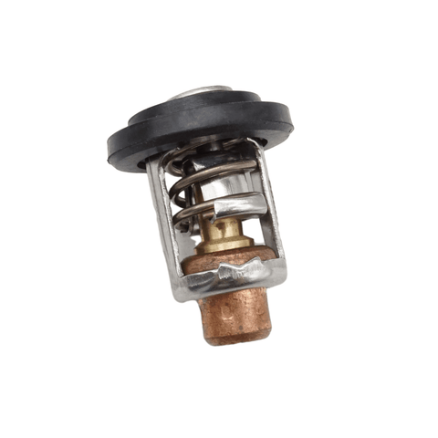 close-up photo of JLM Marine thermostat kit 18-3673 for Johnson Evinrude V4 crossflow outboard engines, featuring black rubber seal, silver metal casing, coiled spring, and brass/copper internal components