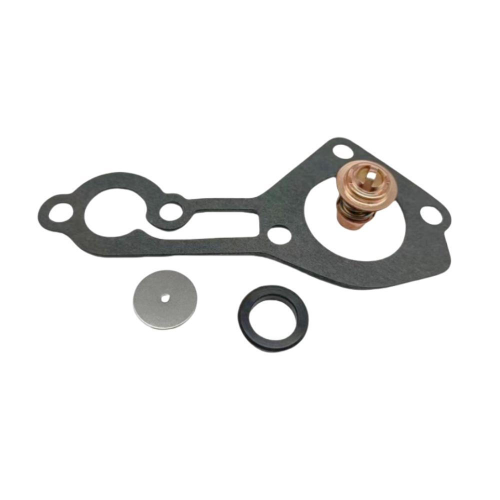 photo of JLM Marine thermostat kit for mercury mariner 70-115hp 803061t1; black gasket with mounting holes, brass housing with visible coiled spring thermostat, metallic disc, and black o-ring