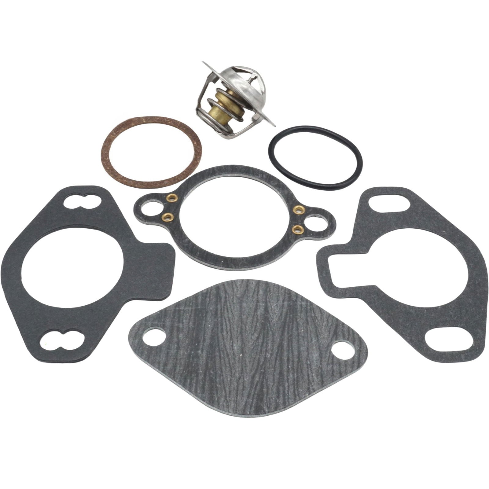 photo of JLM Marine thermostat repair kit for Mercruiser sterndrive motors, including a stainless steel thermostat with brass component, round brown gasket, black die-cut gaskets with holes, and a black o-ring