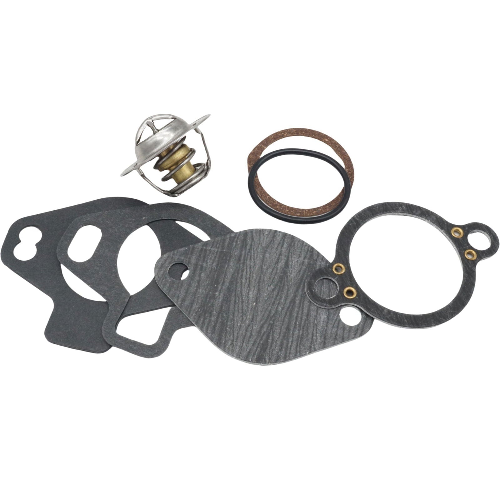 photo of jlm marine thermostat repair kit 807252q4 for mercruiser v6 v8 sterndrive motors showing silver brass thermostat with coil spring and flanged top bottom, brown ribbed ring, black rubber ring, and gray composite gaskets with cutouts and metal grommets