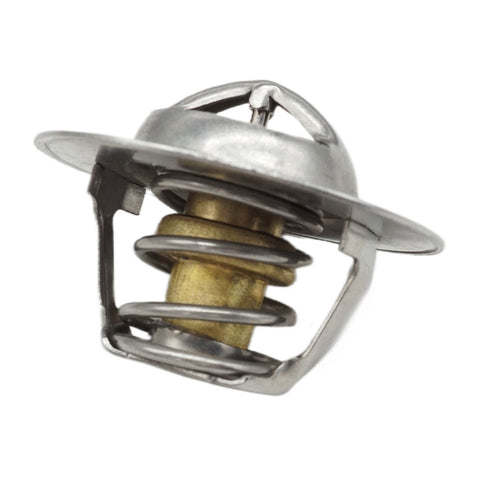 photo of JLM Marine thermostat repair kit for mercruiser 807252q4, silver metal disc with u-shaped tabs, coiled silver spring, brass cylinder, silver frame with curved legs