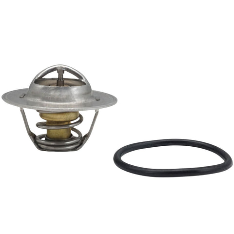 photo jlm marine thermostat repair kit for mercruiser 4 3l 5 0l 5 7l 7 4l sterndrive motors 807252q4 shows a silver metal dome thermostat with a central pin and spring next to a black rubber o-ring