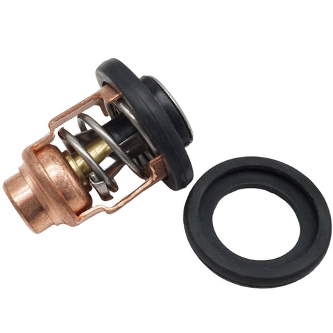 photo of thermostat repair kit for mercury marine 4-stroke 8-30 hp outboard motors, copper thermostat with spring mechanism and black rubber seal, round black rubber gasket, part number 18-43175