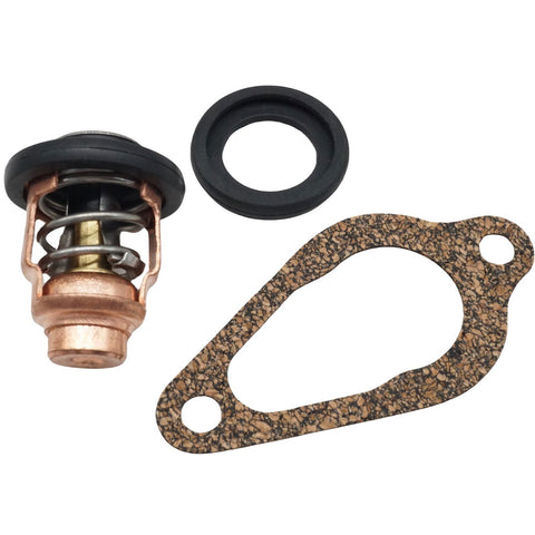 photo of JLM Marine thermostat repair kit 18-43175 for Mercury Marine 4-stroke 8-30hp outboards, showing copper thermostat with black rubber seal, round black rubber gasket, and light brown speckled oval cork gasket with two holes
