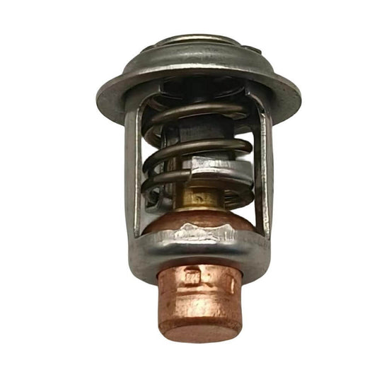 JLM Marine thermostat 19300-zw9-003, close-up frontal view, silver metal with brass accents, visible spring and brass piston, copper base