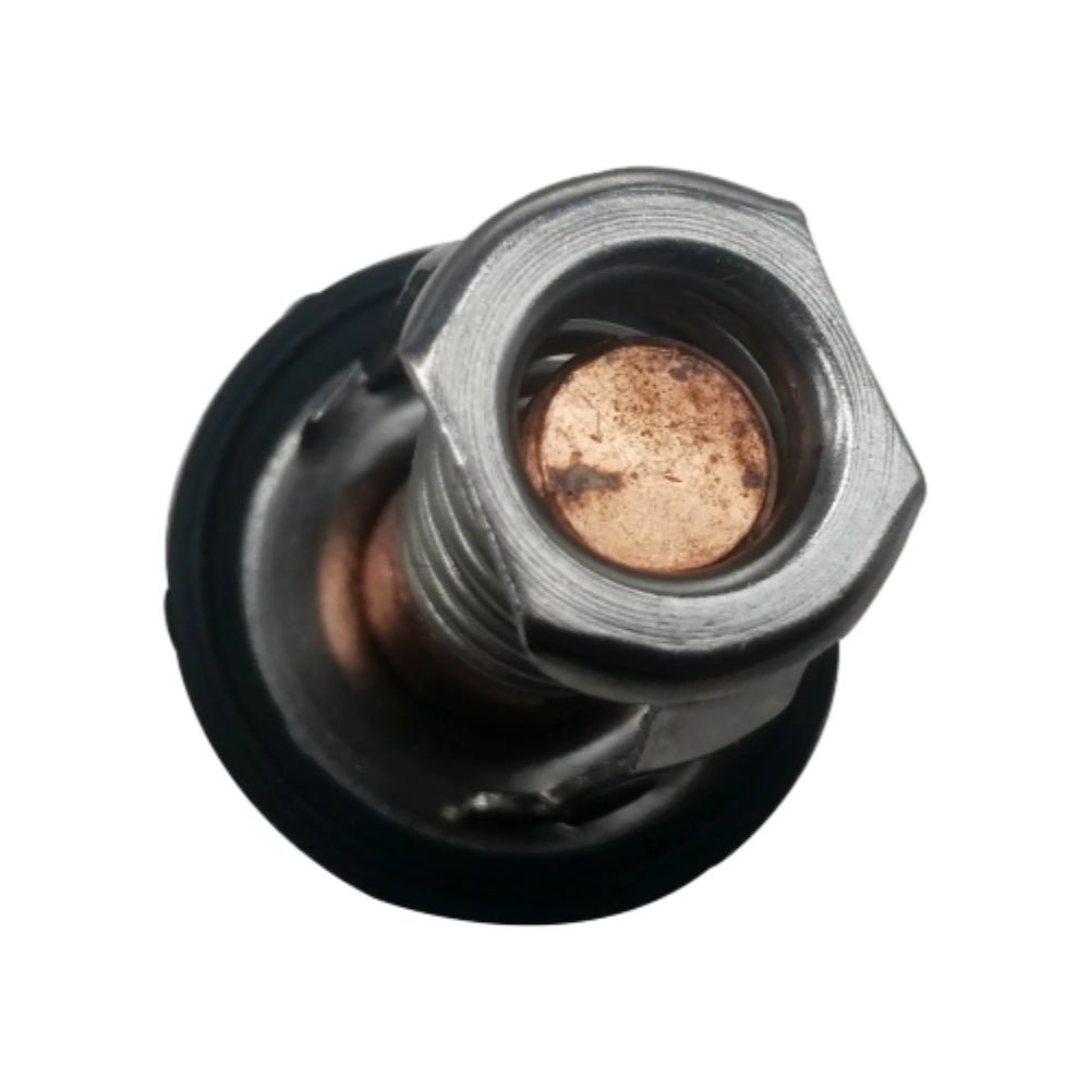 photo of JLM Marine thermostat for Suzuki outboard engines df 2.5-20hp 17670-91j00-91j01-91j02-5033385; silver metal housing with coiled spring, copper center element, black rubber seal