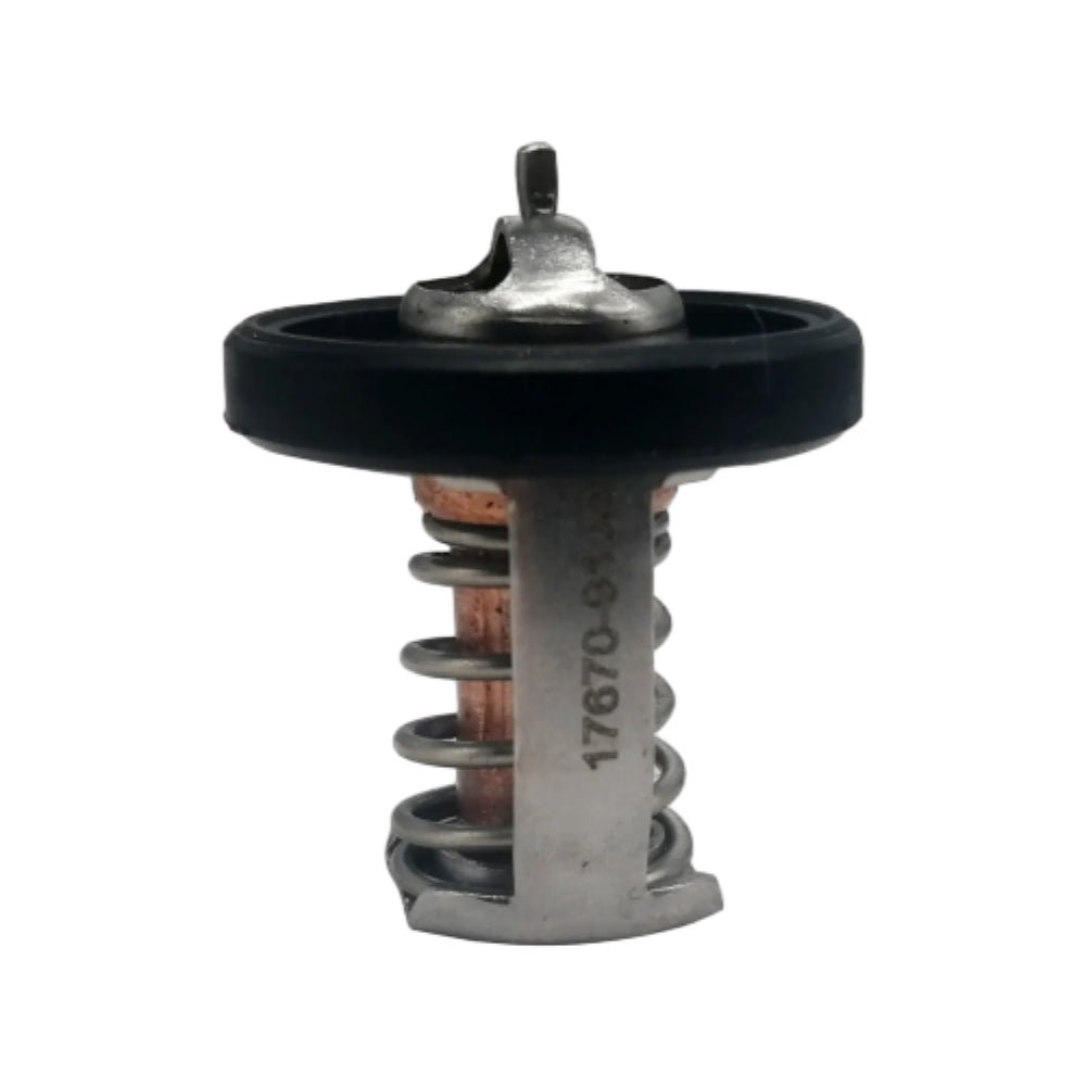 close-up photo of a JLM Marine thermostat for Suzuki outboard engines, part number 17670-91j00, with black rubber gasket and silver metal spring, front view