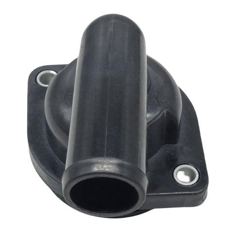 photo of JLM Marine thermostat housing kit 892864t04 for Mercury Verado 135-300hp outboard, black plastic with two bolt holes and protruding pipe