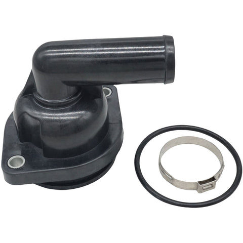 photo of JLM Marine thermostat housing kit for Mercury Verado 135-300hp outboard motors, black with elbow outlet, featuring mounting flange with two bolt holes, rubber gasket, and hose clamp