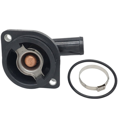 photo of JLM Marine thermostat housing kit for Mercury Marine 135-300 HP Verado outboard motors 892864t04, black housing with three mounting holes, copper thermostat inside, with black O-ring and silver hose clamp