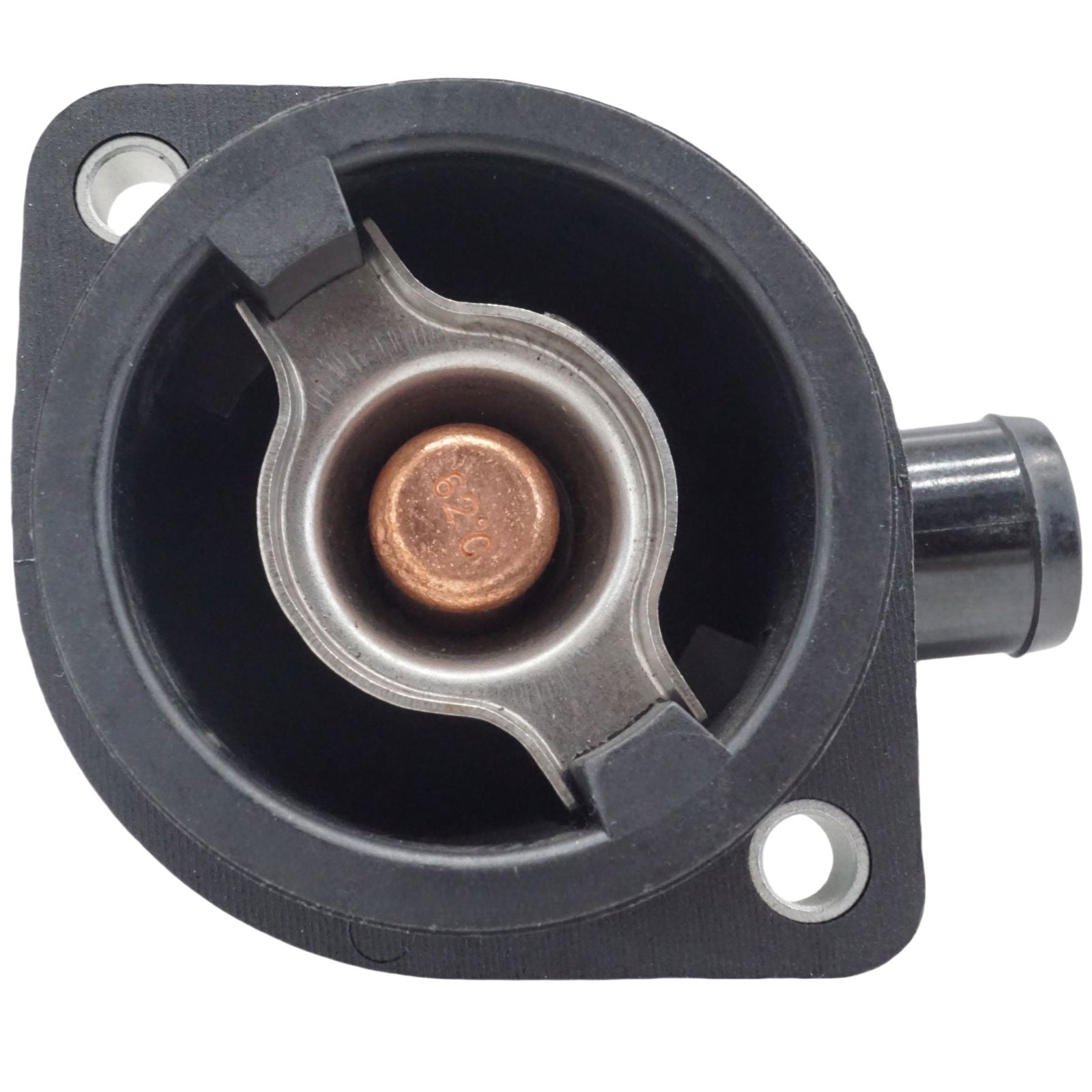 photo of jlm marine mercury thermostat with housing kit 892864t04, black rubber gasket with silver mounting holes, silver metal housing with copper thermal element, 62c marking, black outlet nipple