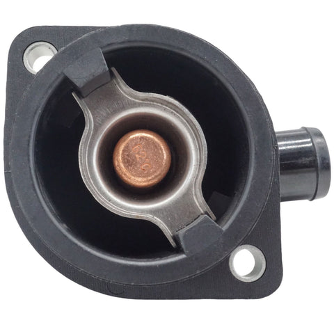 photo of jlm marine mercury thermostat with housing kit 892864t04, black rubber gasket with silver mounting holes, silver metal housing with copper thermal element, 62c marking, black outlet nipple