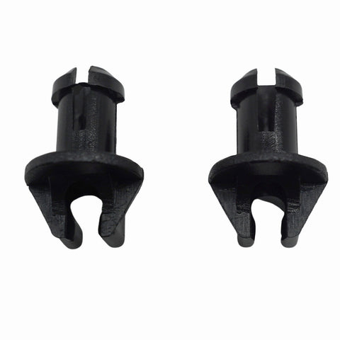 photo of JLM Marine throttle linkage swivel bushing for Mercury Mercruiser 23-932481, two black plastic clips with slotted heads and U-shaped bases with flexible prongs