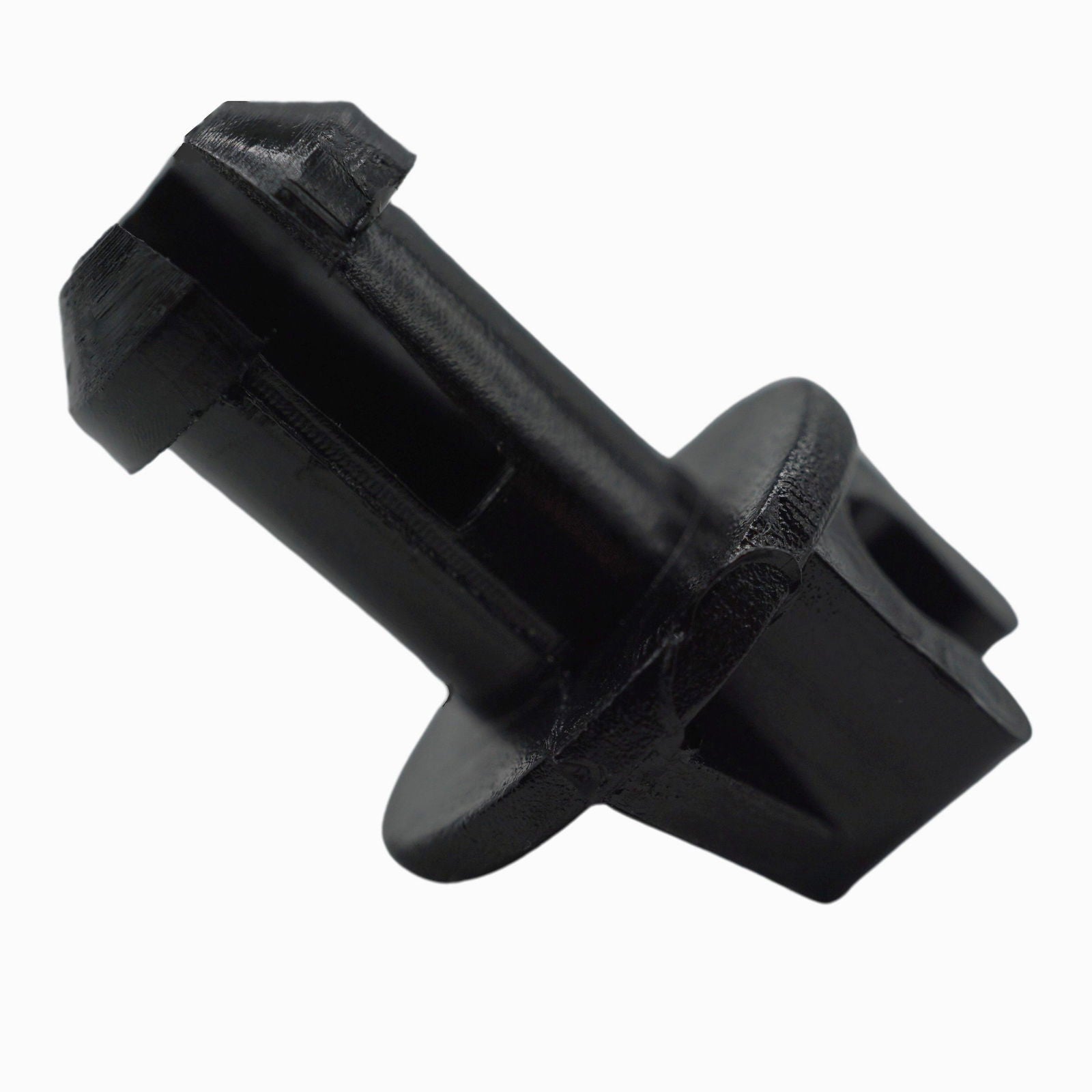 photo of JLM Marine throttle lever linkage swivel bushing 23-932481 for Mercury Mercruiser, black plastic, tapered polygonal end with grooves, flat base with cutout