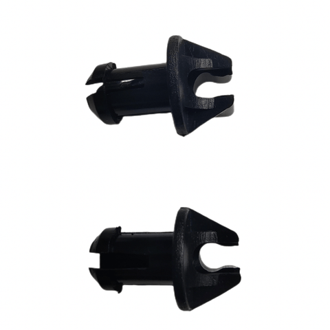 photo of JLM Marine throttle lever linkage swivel bushing 23-932481 for Mercury MerCruiser, two black plastic fasteners with grooved shafts and flared heads with U-shaped notches