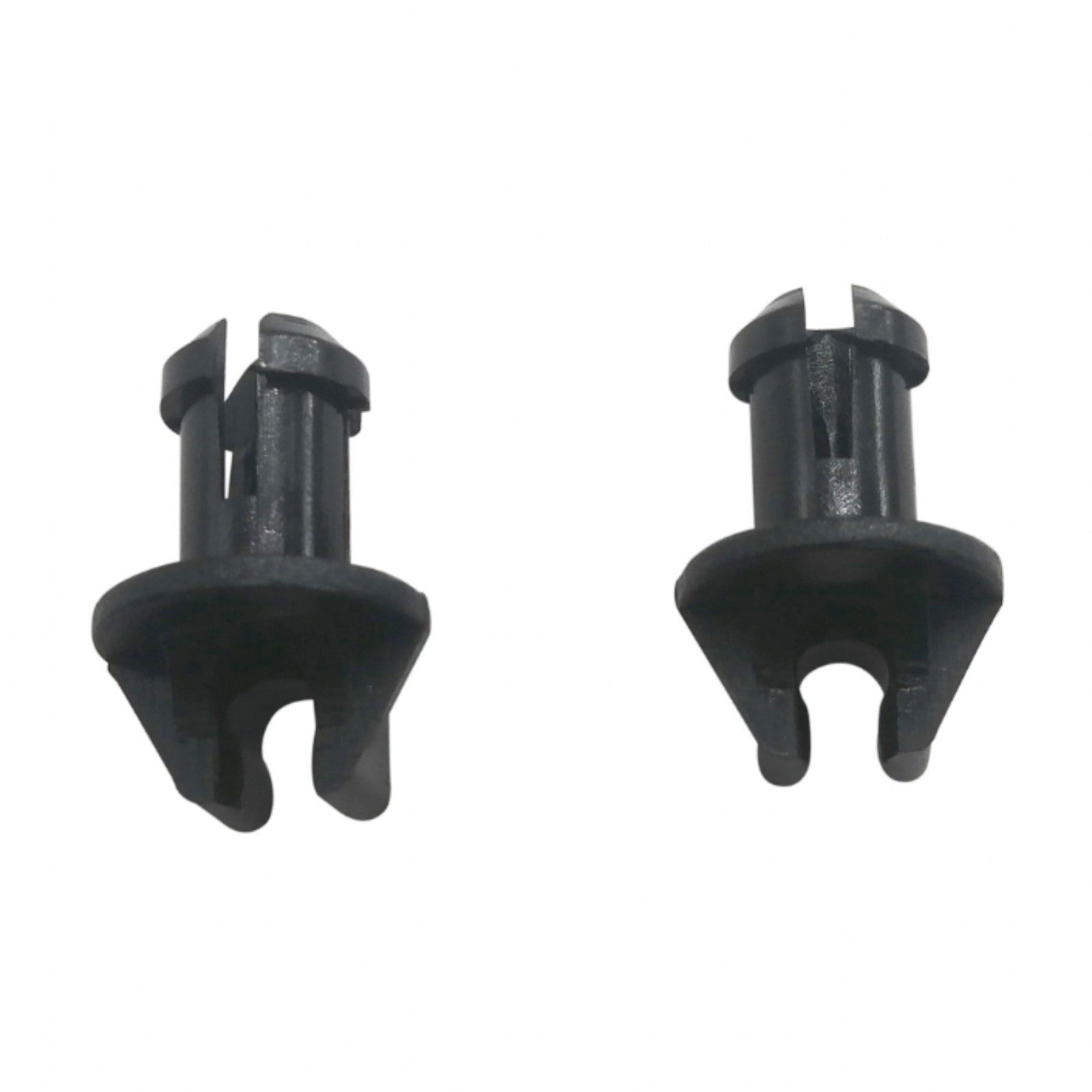 photo of two black plastic swivel bushings for mercury mercruiser 23-932481 with flat circular heads and split pronged stems