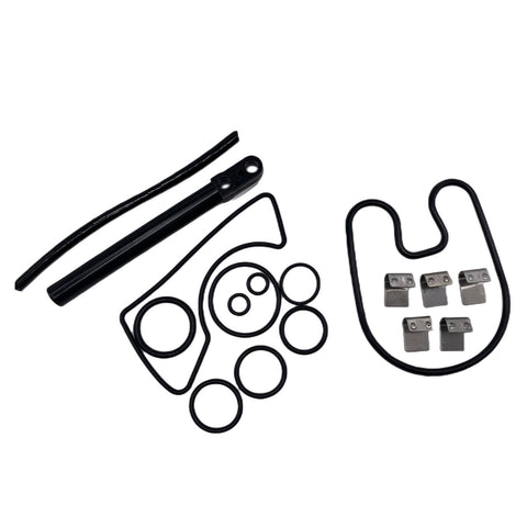 JLM Marine transom bellows kit with gimbal bearing for Mercruiser Bravo 1 2 3 and Blackhawk stern drive 30-803100T1, black rubber bellows kit with two black metal gimbal components and silver clips against white background