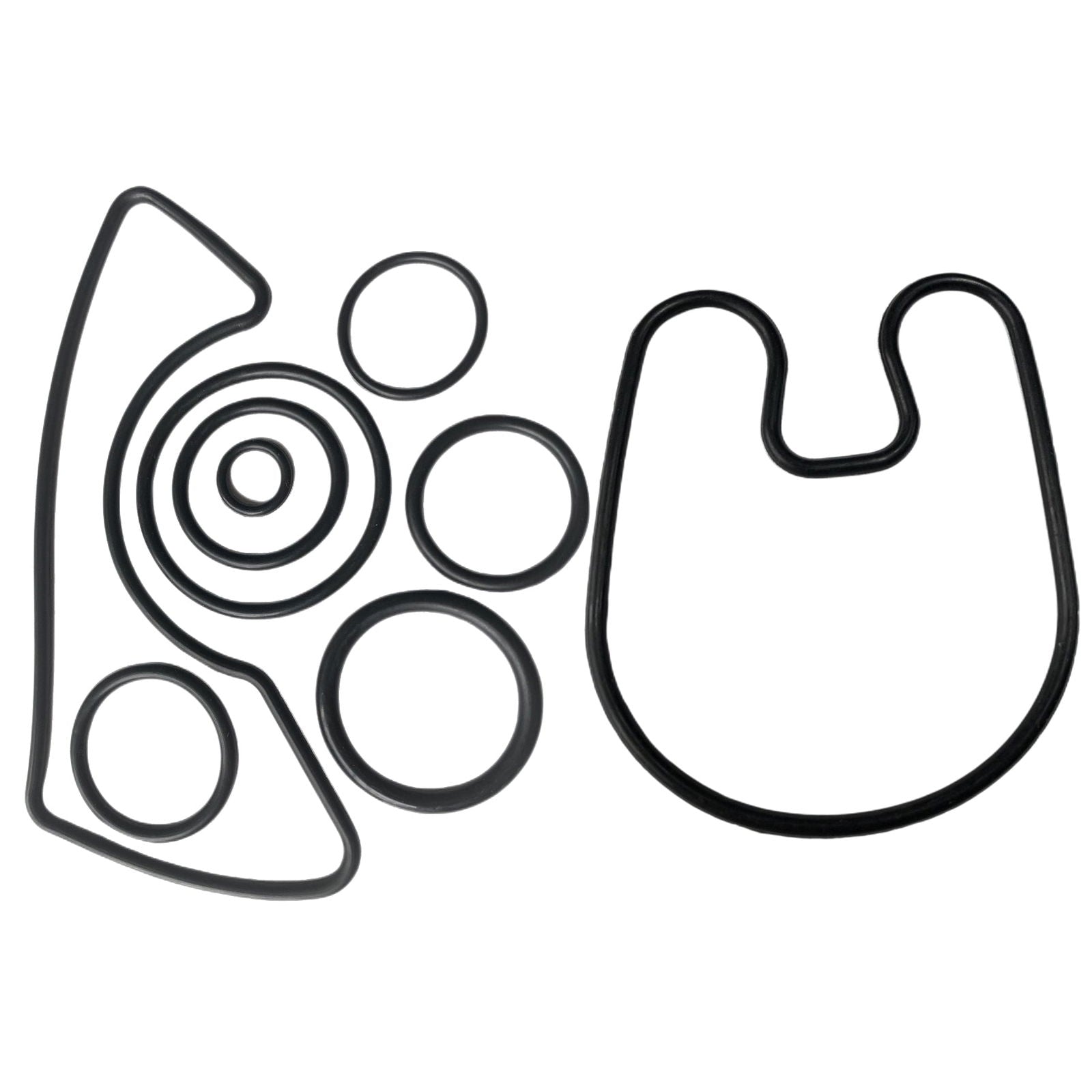 photo of JLM Marine transom bellows kit with gimbal bearing for Mercruiser Bravo 1 2 3 and Black Hawk stern drive 30-803100T1, showing a U-shaped bellows, circular o-rings, and an irregularly shaped gasket on a white background