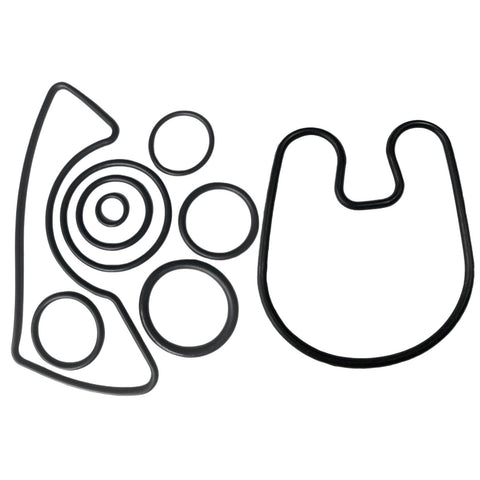 photo of JLM Marine transom bellows kit with gimbal bearing for Mercruiser Bravo 1 2 3 and Black Hawk stern drive 30-803100T1, showing a U-shaped bellows, circular o-rings, and an irregularly shaped gasket on a white background