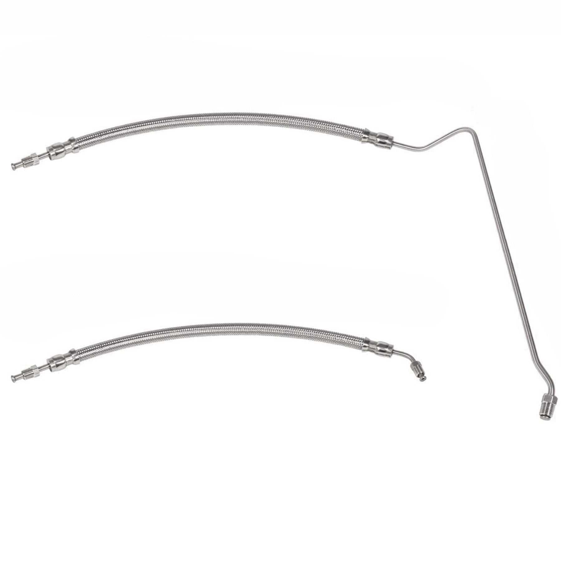 photo of JLM Marine trim ram cylinder hoses for Mercruiser 9b-104 9b-121 trim cylinders, silver braided with bent metallic ends and threaded connectors