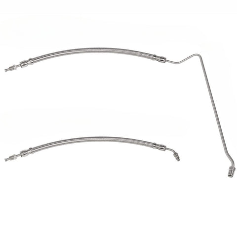 photo of JLM Marine trim ram cylinder hoses for Mercruiser 9b-104 9b-121 trim cylinders, silver braided with bent metallic ends and threaded connectors