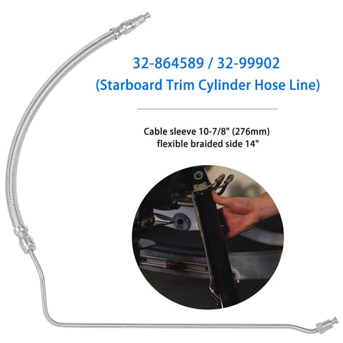 photo of starboard trim cylinder hose line by JLM Marine, silver braided hose with metal fittings, for Mercruiser R MR Alpha One Bravo I II III X XR XZ trim cylinders