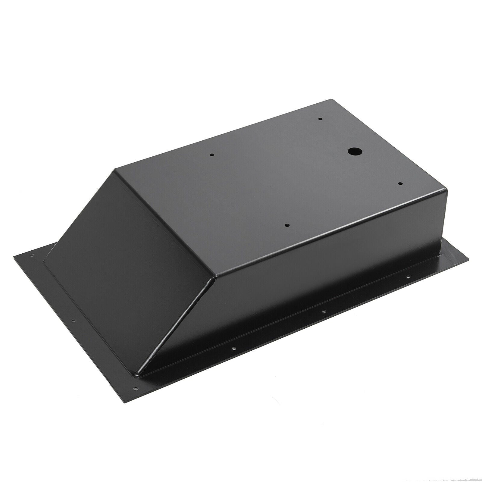 photo of jlm marine trolling motor tray for minn kota corded foot pedal, black coated aluminum, rectangular enclosure with mounting flange and holes, slanted front panel, top surface with holes and circular opening