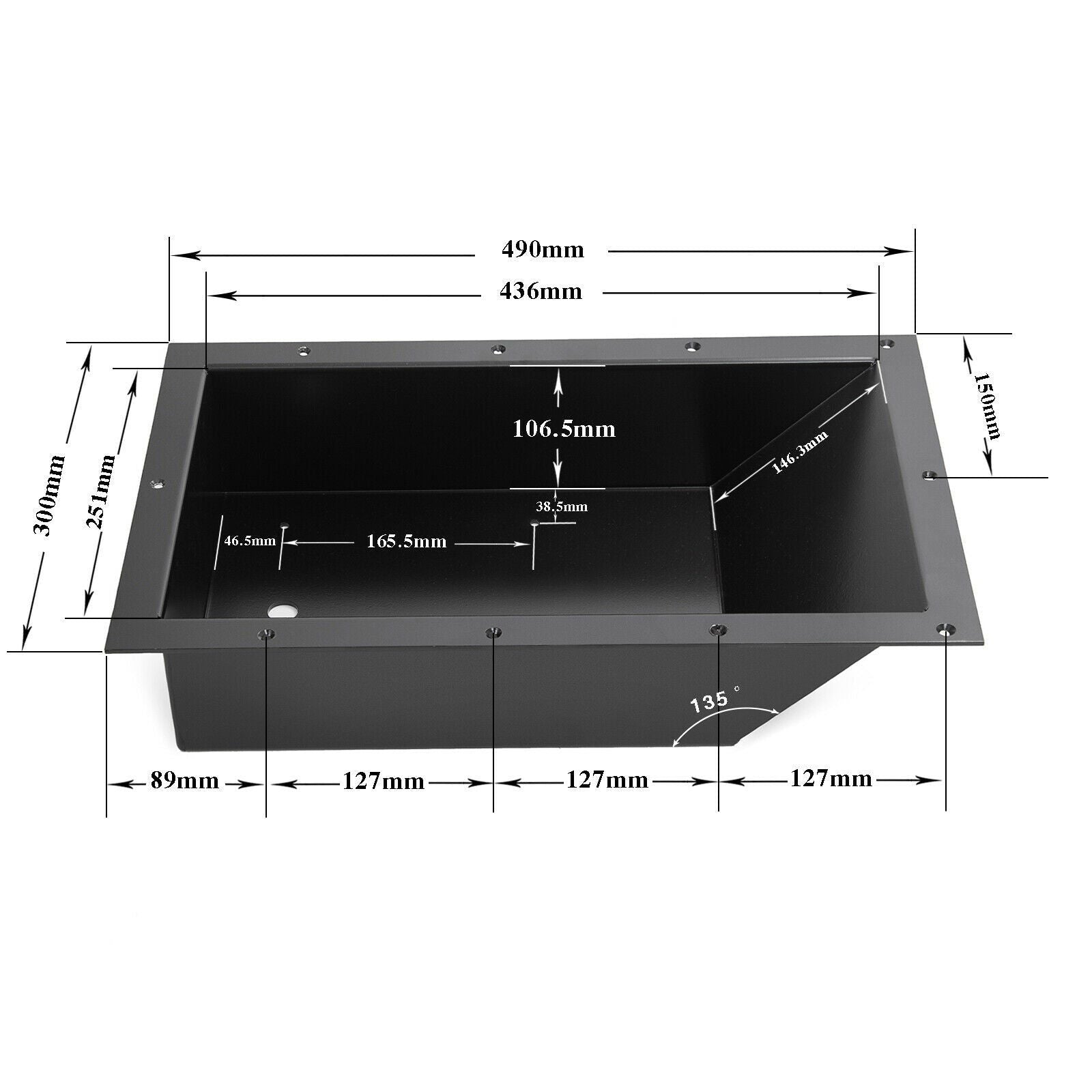 photo of JLM Marine trolling motor tray, black aluminum recessed bin, 490mm length, 300mm width, 150mm height, with mounting holes