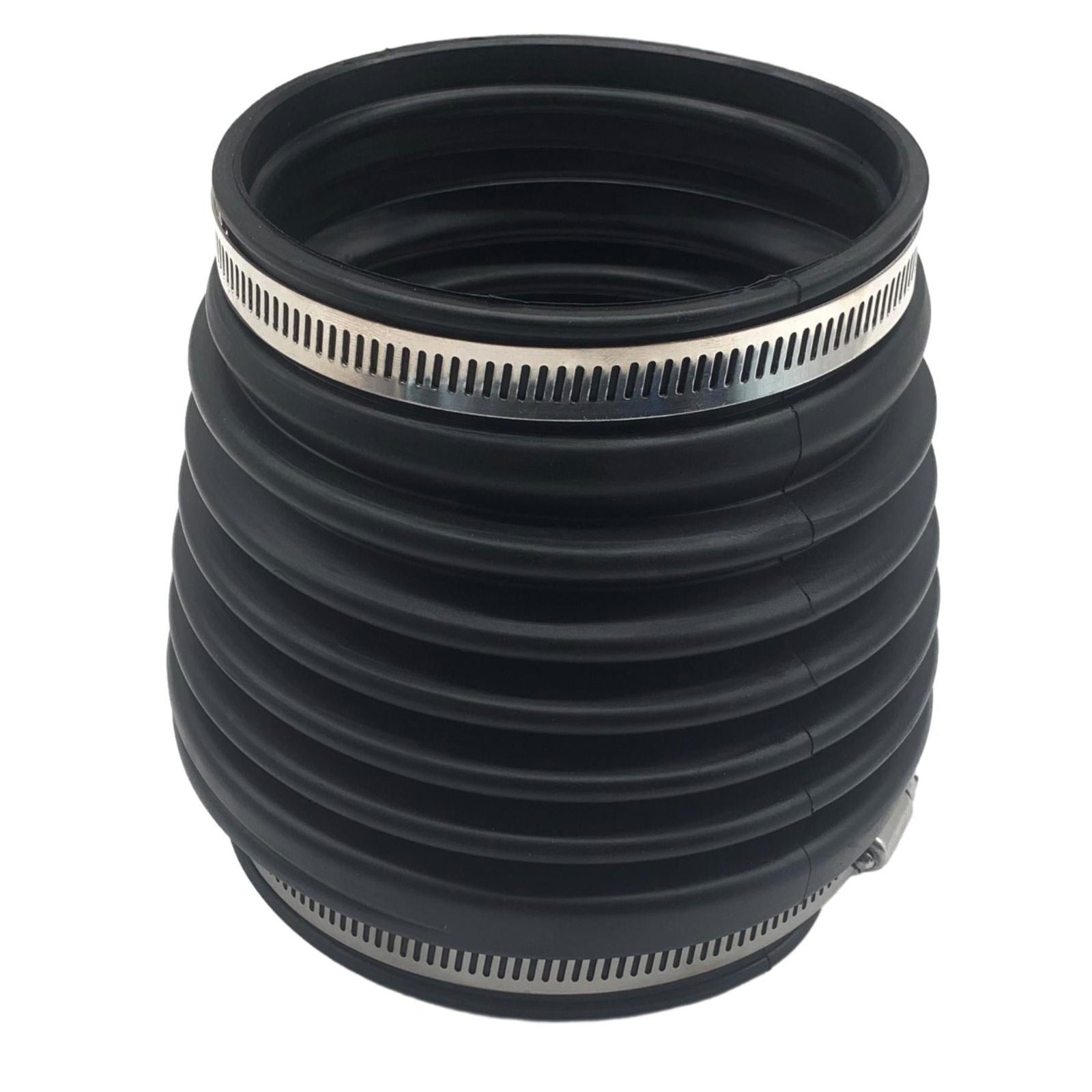 photo of jlm marine 876294 u-joint drive bellows for volvo penta stern drive ad aq bb dp pt dpx sp models, black ribbed flexible rubber dust boot with two metal hose clamps