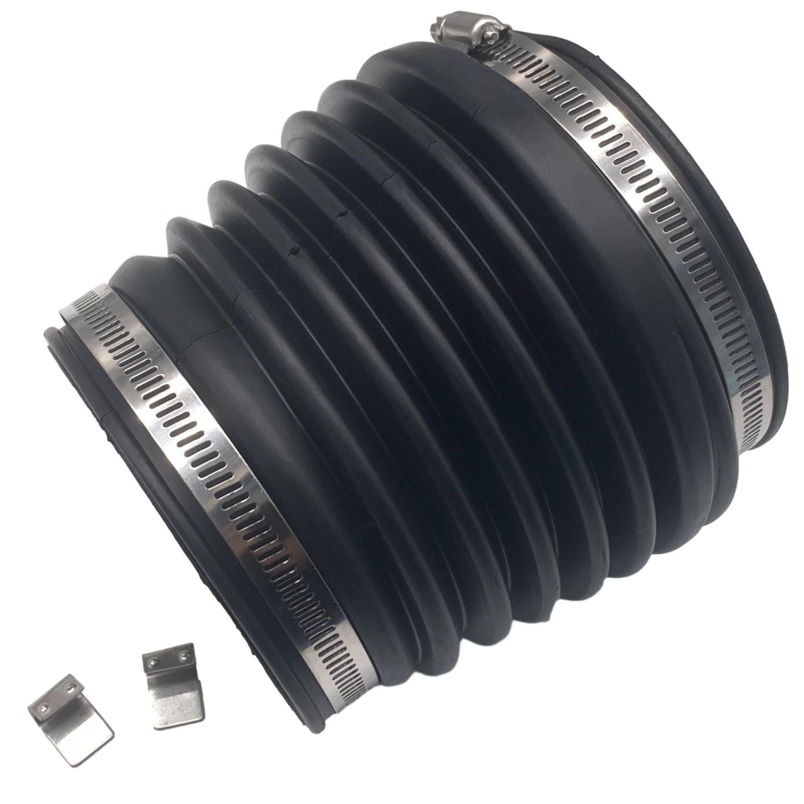 close-up photo of JLM Marine u-joint drive bellows, black ribbed rubber, with two stainless steel hose clamps and mounting hardware, for Volvo Penta stern drive AD AQ BB DP PT DP Dpx SP models