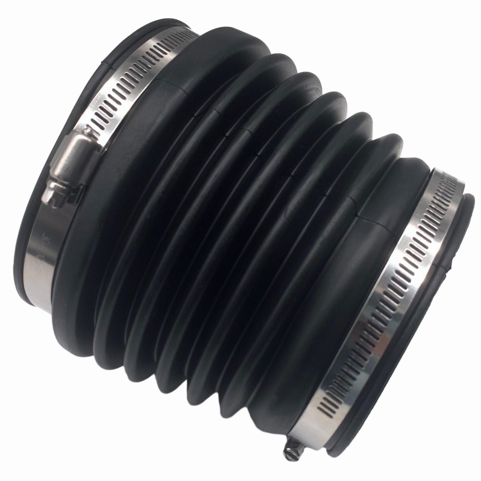 photo of jlm marine volvo penta stern drive bellows 876294, black ribbed rubber with silver screw clamps, concertina folds