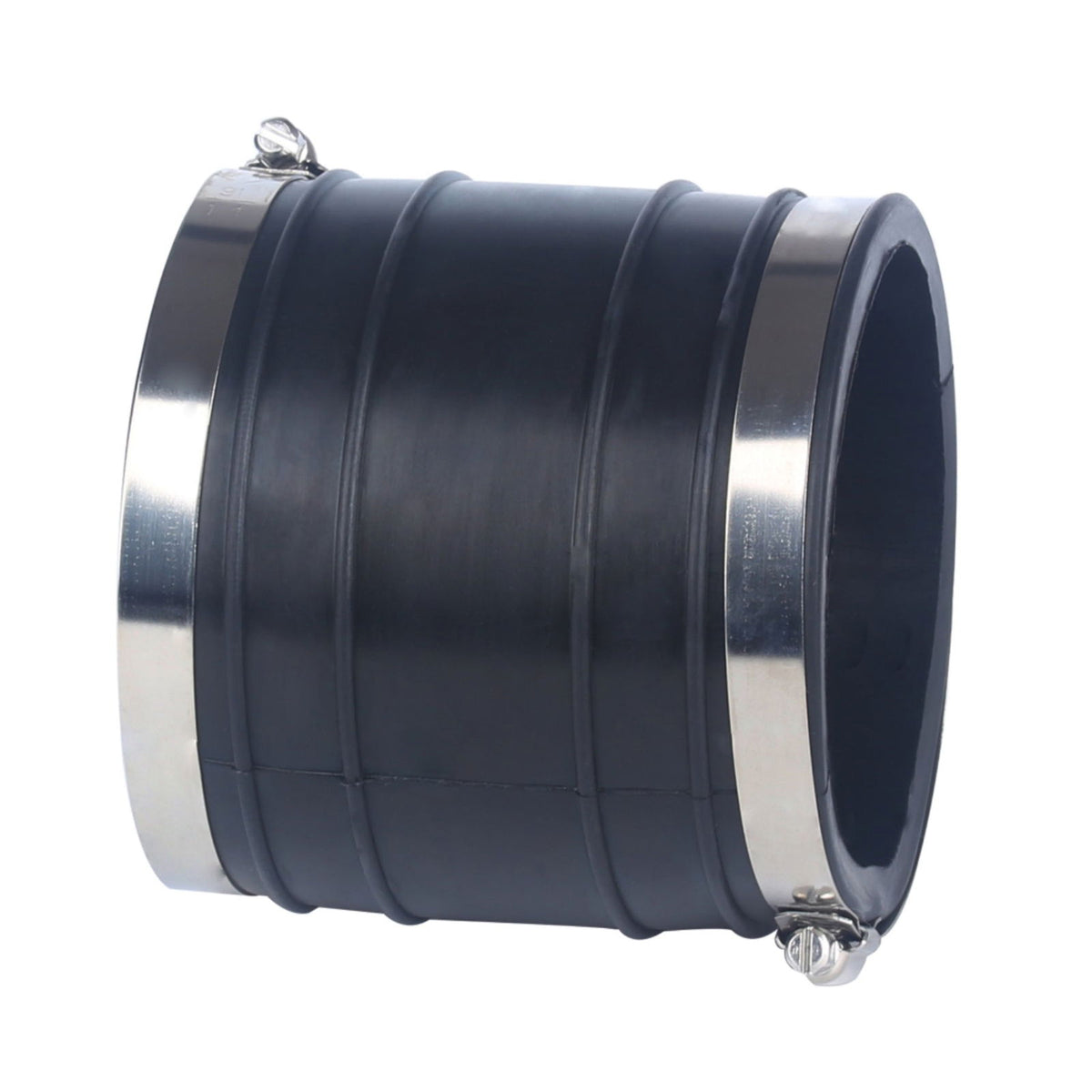 photo of JLM Marine upper exhaust bellows 32-44348t, black rubber flexible connector with ridged surface and stainless steel screw clamps on both ends
