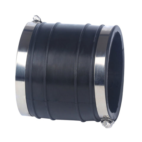 photo of JLM Marine upper exhaust bellows 32-44348t, black rubber flexible connector with ridged surface and stainless steel screw clamps on both ends