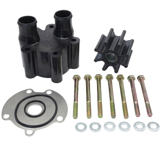 photo of JLM Marine water pump impeller kit with housing, black housing with ribbed nozzles, black impeller, metal plate with mounting holes, O-rings, silver bolts, and metal washers for Mercruiser Alpha Bravo 46-807151a14