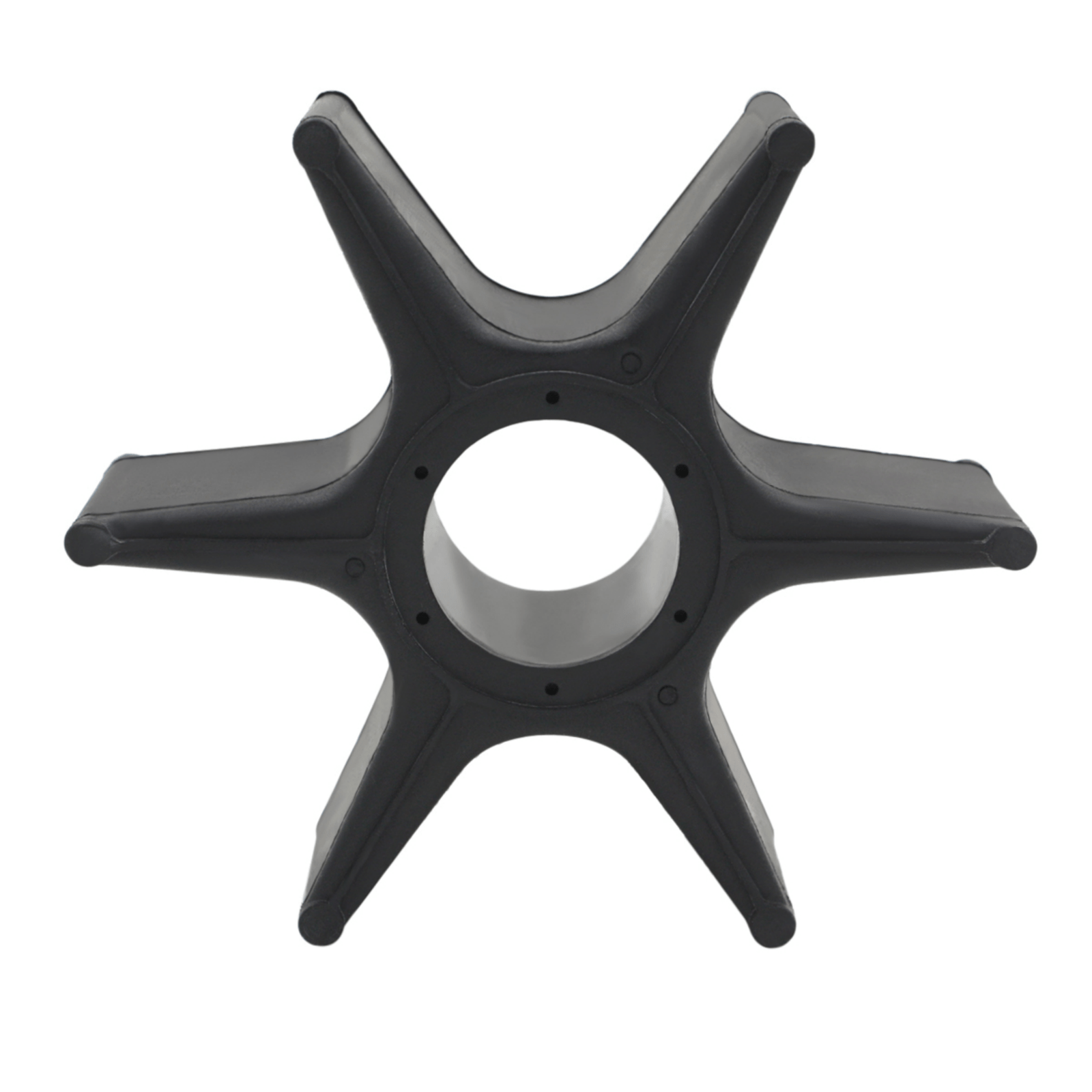 photo of jlm marine water pump impeller kit 18-3283 black star-shaped rubber with six pointed blades