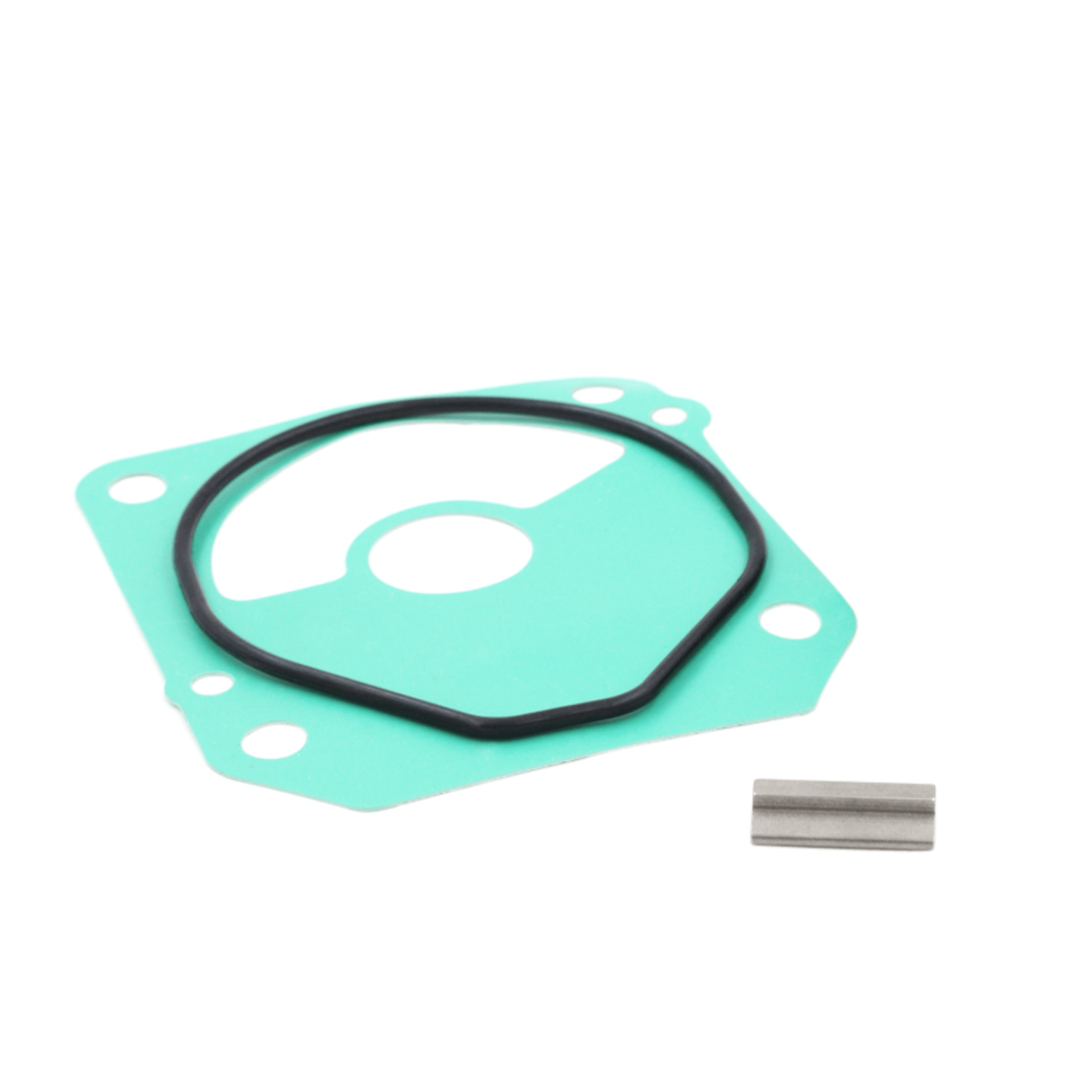 photo of JLM Marine water pump impeller kit 18-3283 for Honda 75-130hp featuring a tear-drop shaped light green gasket with cutout holes and a black O-ring, with a metallic pin