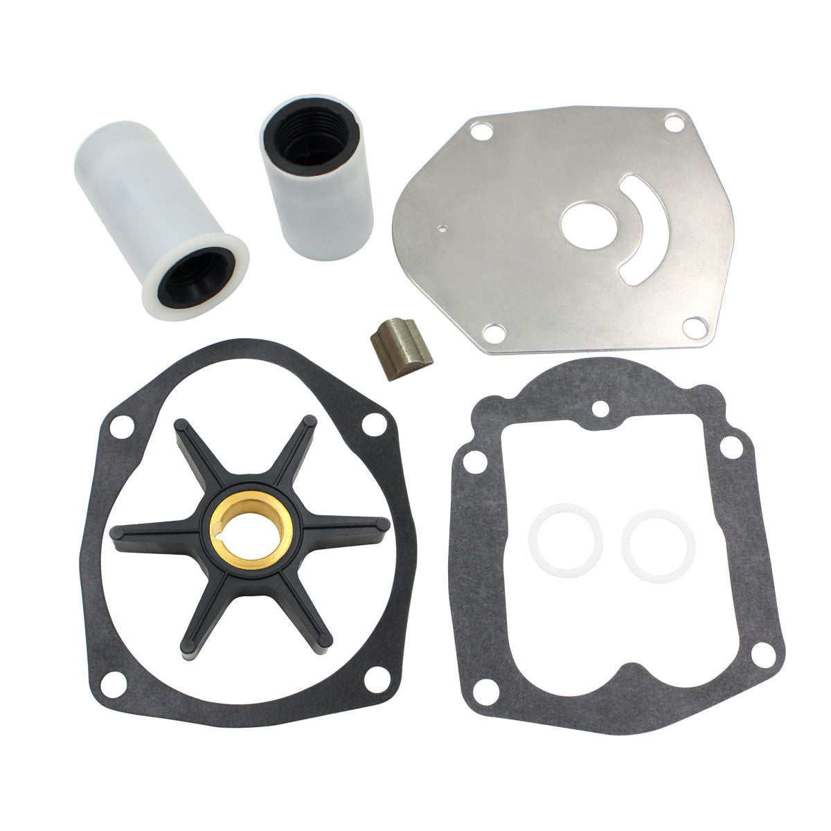 water pump impeller kit for mercury 25-50 hp 821354a2, JLM Marine, impeller with six vanes on brass bushing, black rubber gasket with mounting holes, metallic cuboid, silver metal plate with screw holes and slots, large charcoal gasket with o-rings
