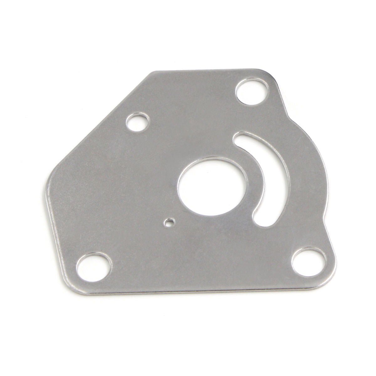 photo of jlm marine water pump impeller kit 17400-92d00 for suzuki 8-9.9 hp, rectangular metal gasket light matte finish with rounded corners, central circular hole, irregular c-shaped cutout, two smaller circular holes with small indentation