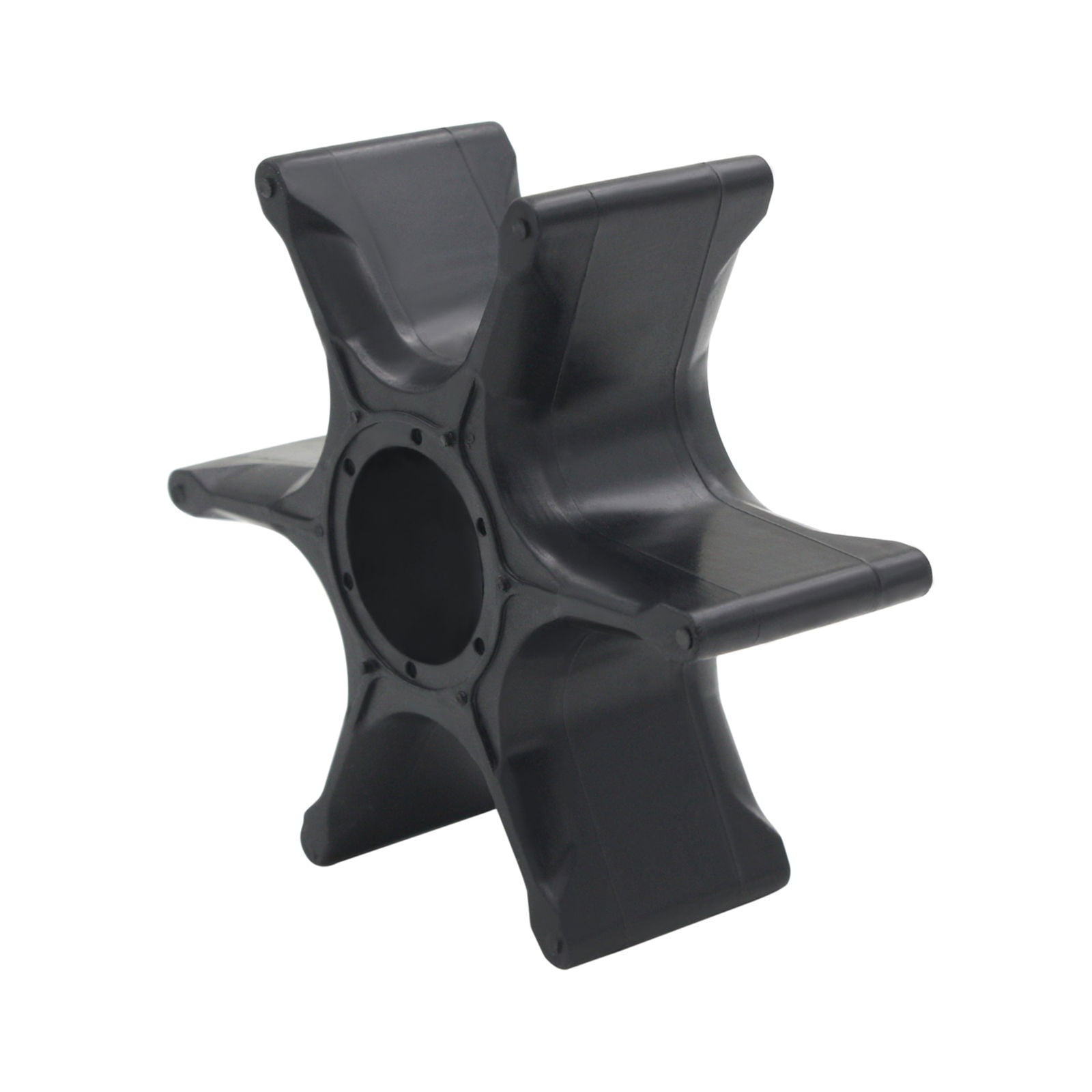 photo of a black six-blade JLM Marine water pump impeller kit for Yamaha 150-225hp v6 6g5-w0078 with a central circular opening and patterned mounting holes