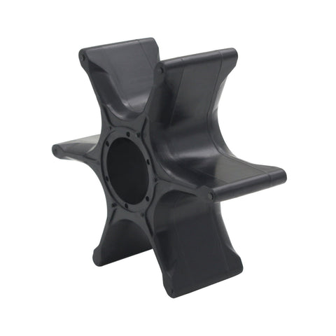 photo of a black six-blade JLM Marine water pump impeller kit for Yamaha 150-225hp v6 6g5-w0078 with a central circular opening and patterned mounting holes