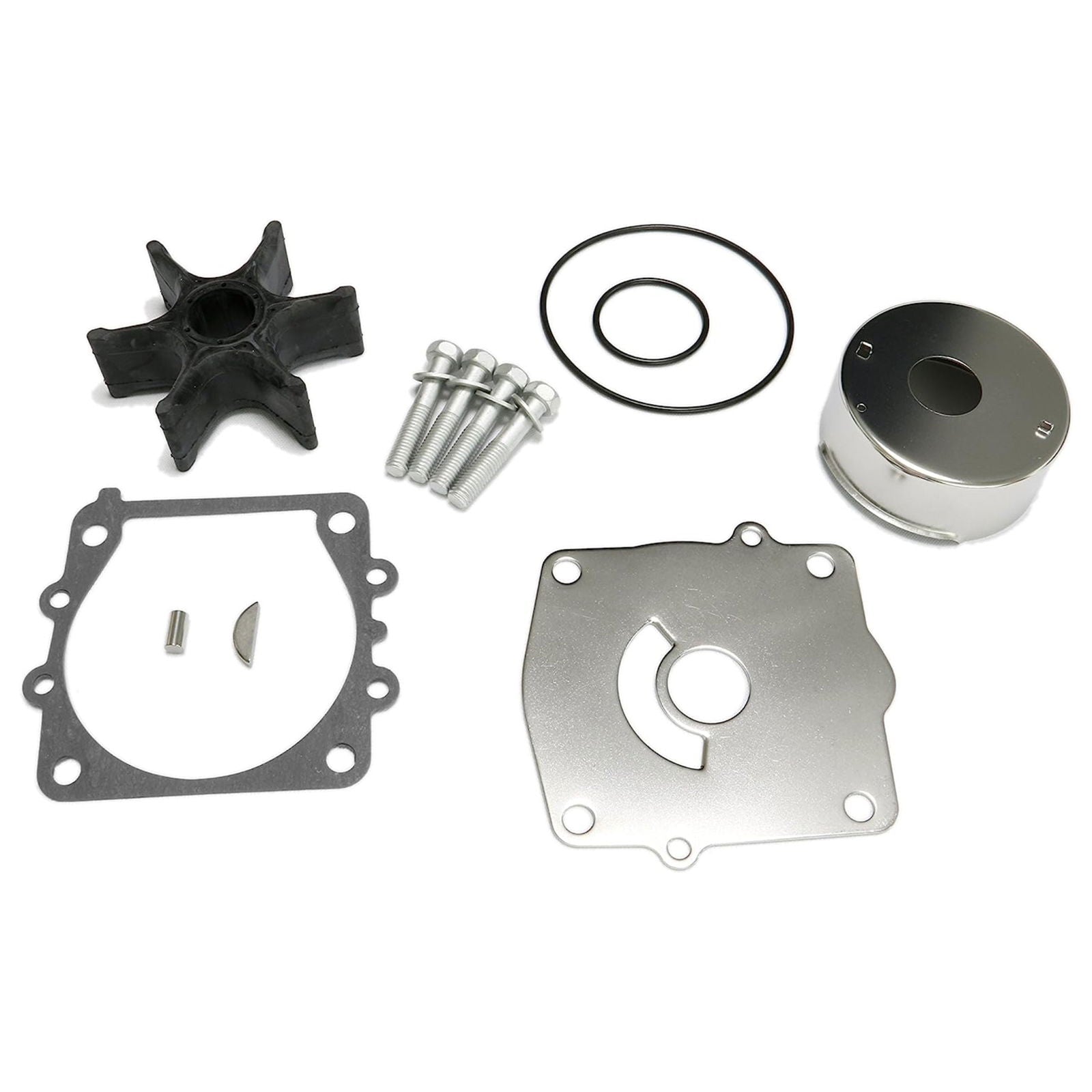 photo of JLM Marine water pump impeller kit for Yamaha 150-225hp V6 6g5-w0078 showing black rubber impeller, silver bolts, rubber o-rings, metal housing, and gasket