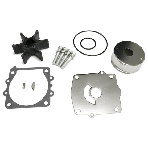 photo of JLM Marine water pump impeller kit for Yamaha 150-225hp V6 6g5-w0078 showing black rubber impeller, silver bolts, rubber o-rings, metal housing, and gasket