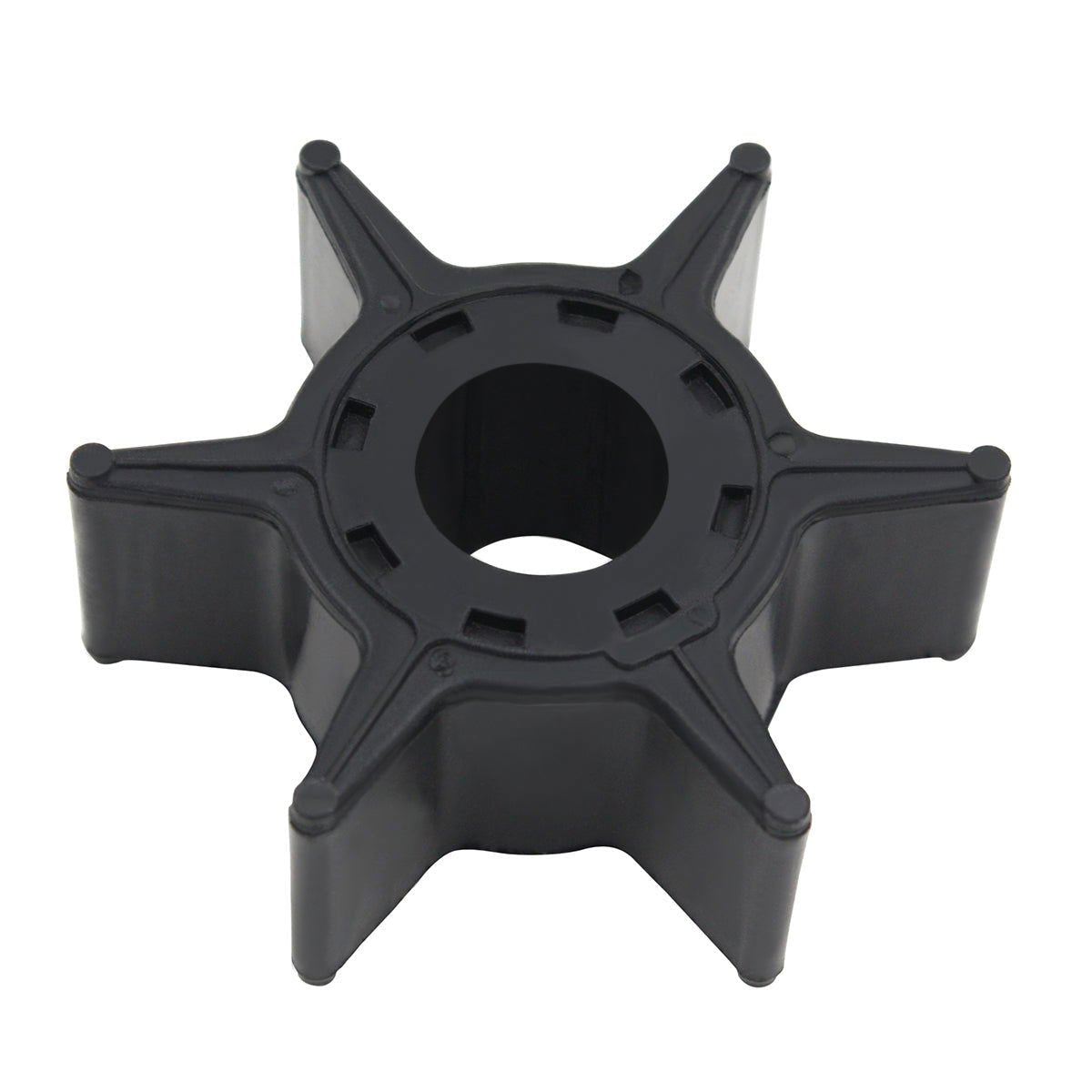 photo of jlm marine water pump impeller 6l2-44352-00 for yamaha 20-25hp, black rubber, six tapered blades, central opening