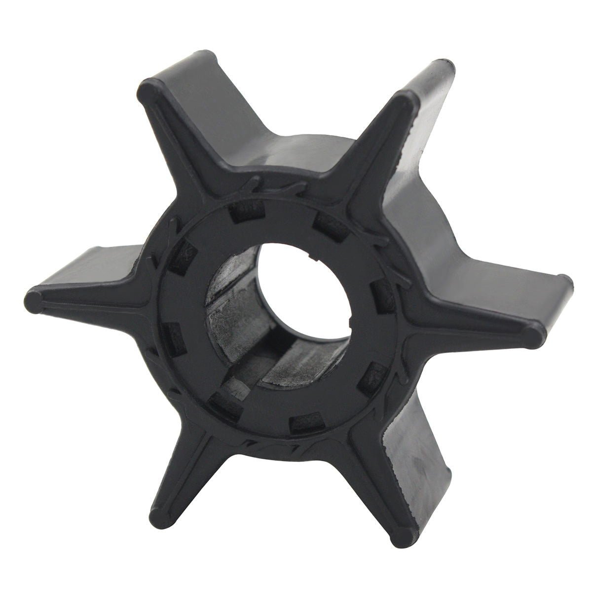 photo of black rubber water pump impeller for yamaha 20-25hp 6l2-44352-00, star-shaped with six tapered blades and ridged central hub