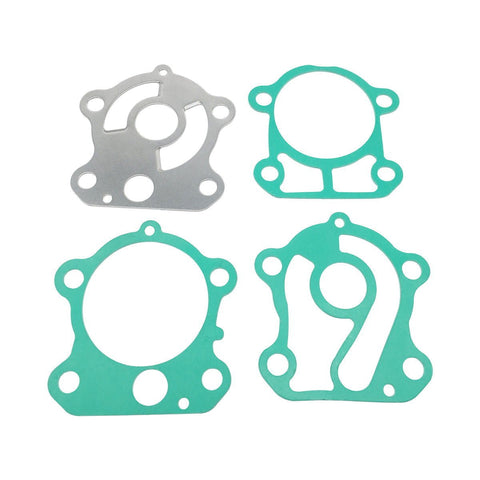 photo of JLM Marine water pump impeller kit for Yamaha 60-90 hp 692-w0078-00, four gaskets silver and green, two silver with complex cutouts and mounting holes, two green with rounded shapes and tabs