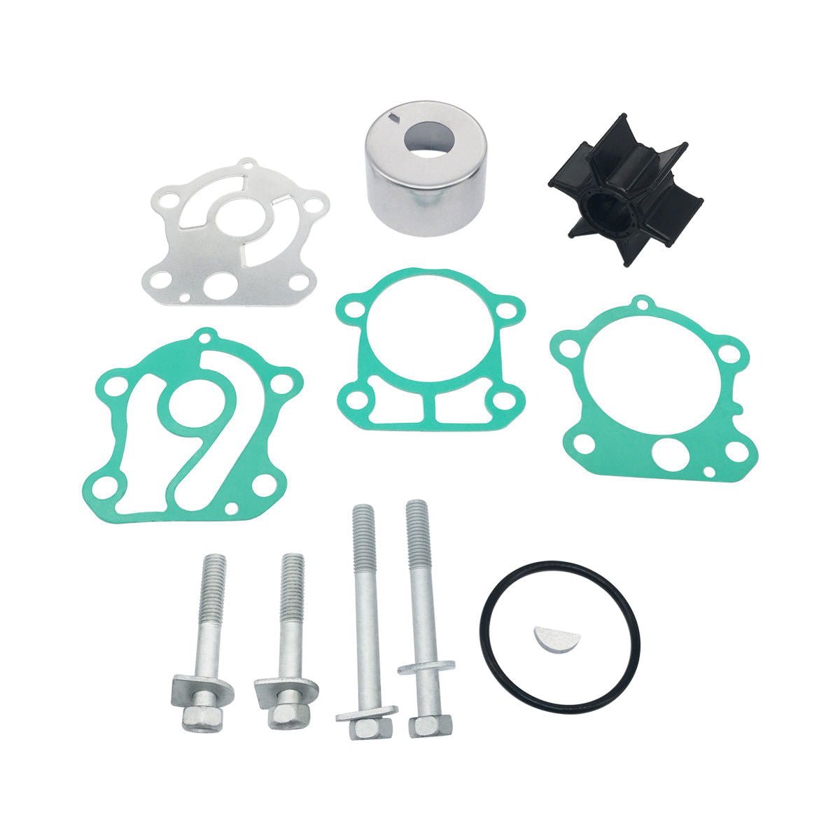 photo of JLM Marine water pump impeller kit for Yamaha 60-90hp, includes black rubber impeller, teal and silver gaskets, silver housing component, bolts, O-ring, and drive key