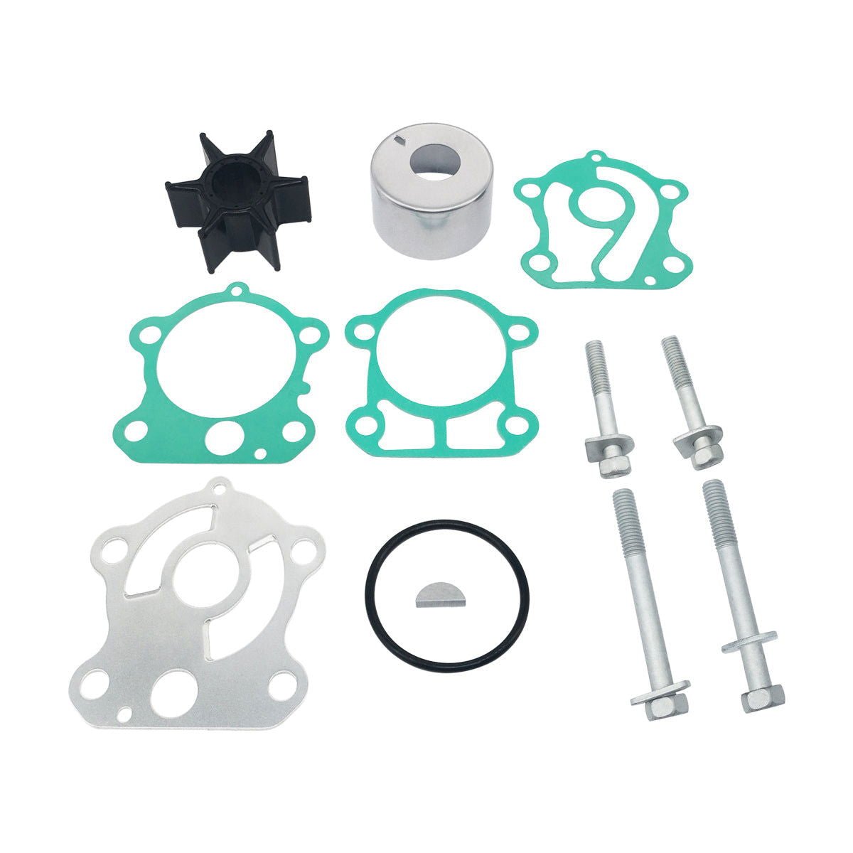 photo of jlm marine water pump impeller kit for yamaha 60-90 hp 692-w0078-00, including black rubber impeller with six vanes, splined hub, silver cylinder, two small green gaskets, larger green gasket, silver metal plate with bolt holes, black o-ring, silver semi-circle, four silver bolts of two lengths with hexagonal heads