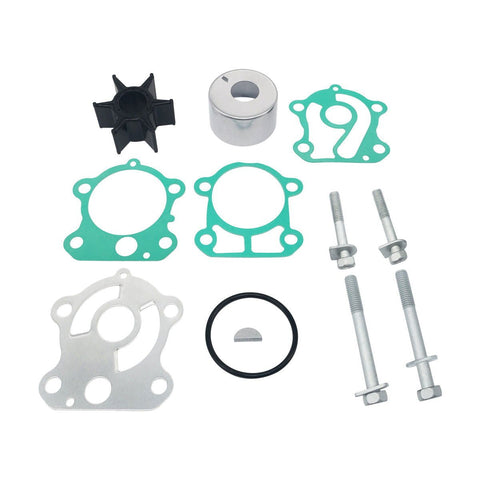 photo of jlm marine water pump impeller kit for yamaha 60-90 hp 692-w0078-00, including black rubber impeller with six vanes, splined hub, silver cylinder, two small green gaskets, larger green gasket, silver metal plate with bolt holes, black o-ring, silver semi-circle, four silver bolts of two lengths with hexagonal heads