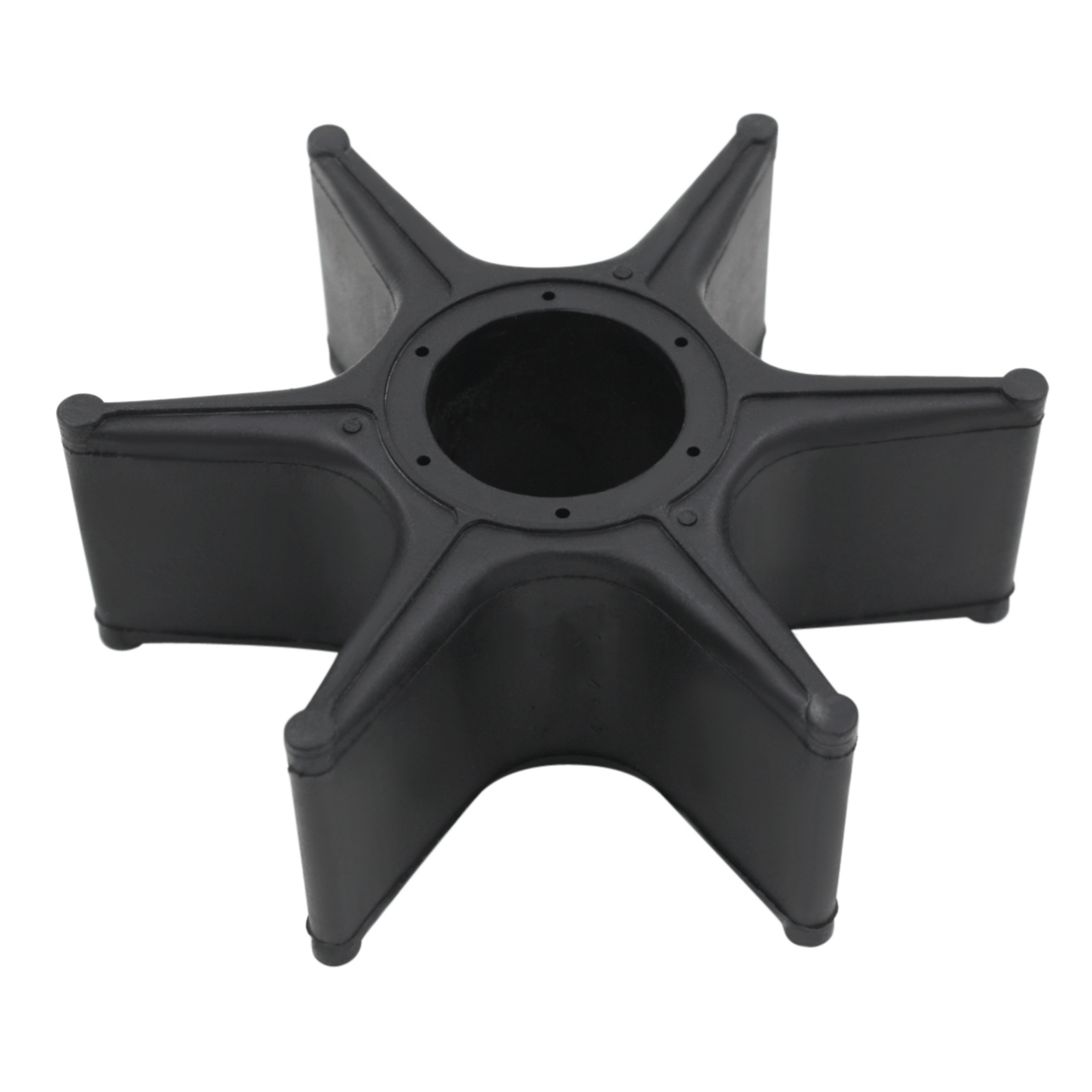 JLM Marine water pump impeller for Honda 75-150hp, black rubber, six rounded rectangular blades, central circular opening with raised mounting ring