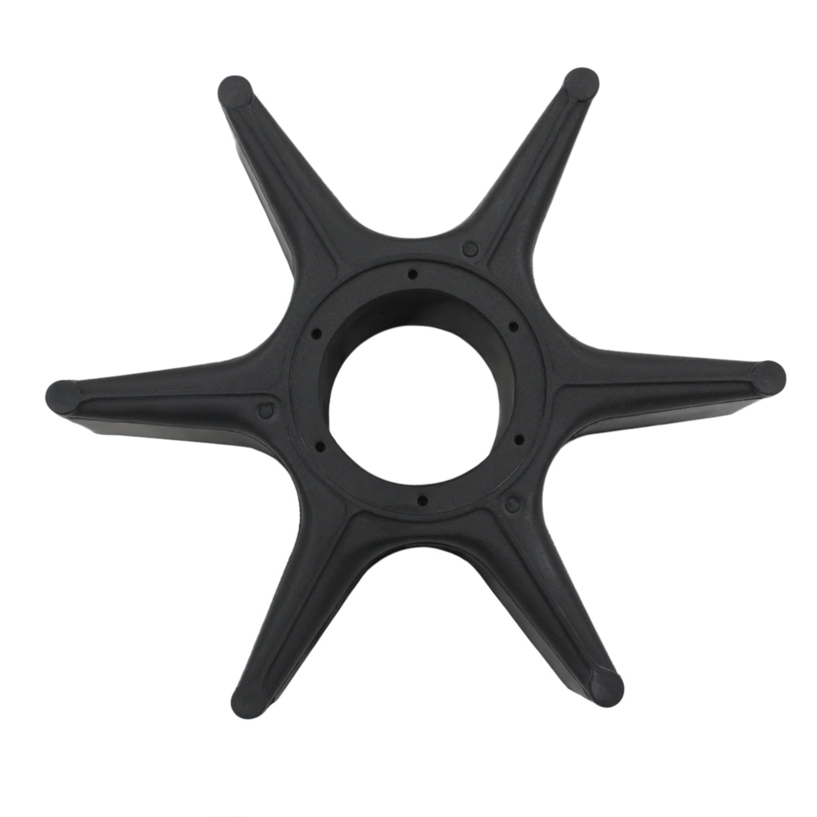 photo of JLM Marine water pump impeller for Honda 75-150hp, part 19210-zw1-b04, black six-pronged design, central opening, circular hub with perimeter holes, pointed prongs with rounded tips, star-like shape